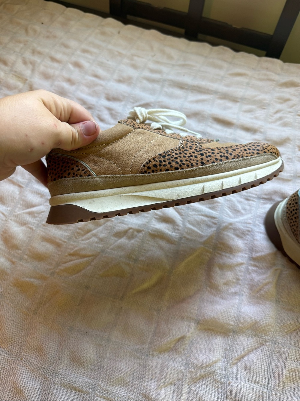 Madewell Tan CheetahPrint Sneakers with Cream Laces and Light Blue Trim No tread - Picture 3 of 6